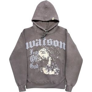 WATSON men’s “FEAR OF GOD” Rhinestone Embellishments Graphic Hoodie in Gray